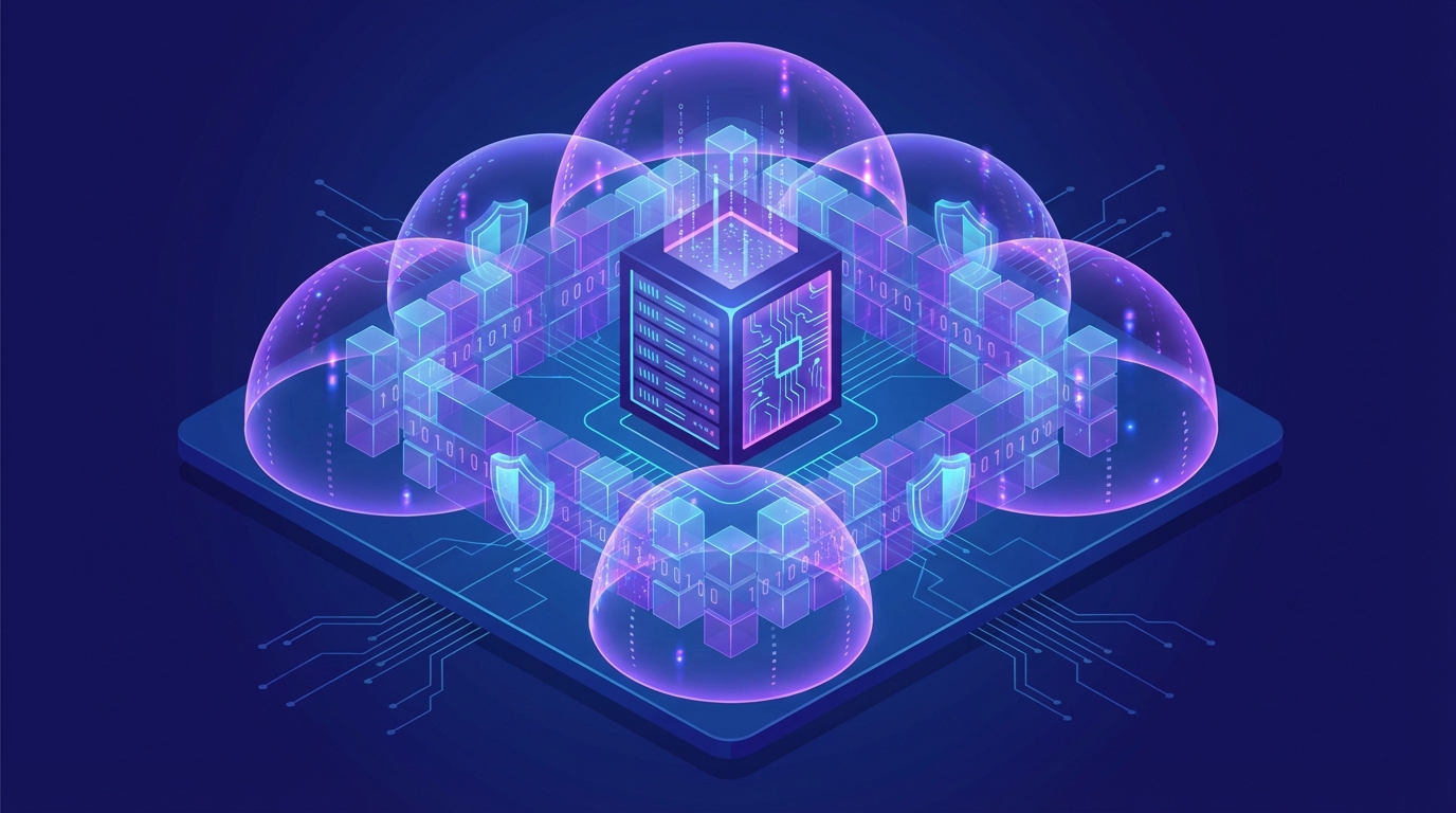 A digital illustration of a fortress wall made of code blocks protecting a glowing database, isometric view, blue and purple tones