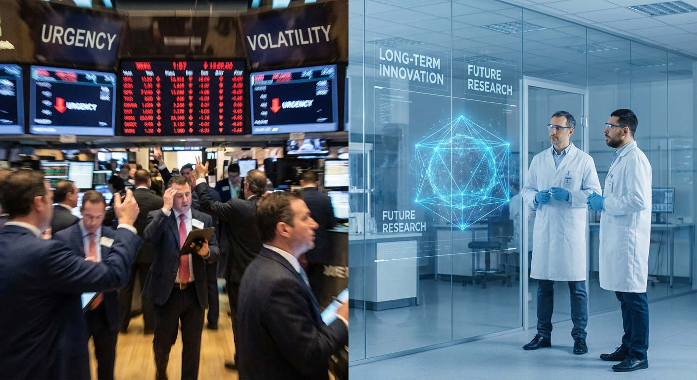 Contrast between a chaotic busy stock trading floor and a serene futuristic laboratory where engineers are looking at a holographic blueprint of future technology, wide shot, high detail