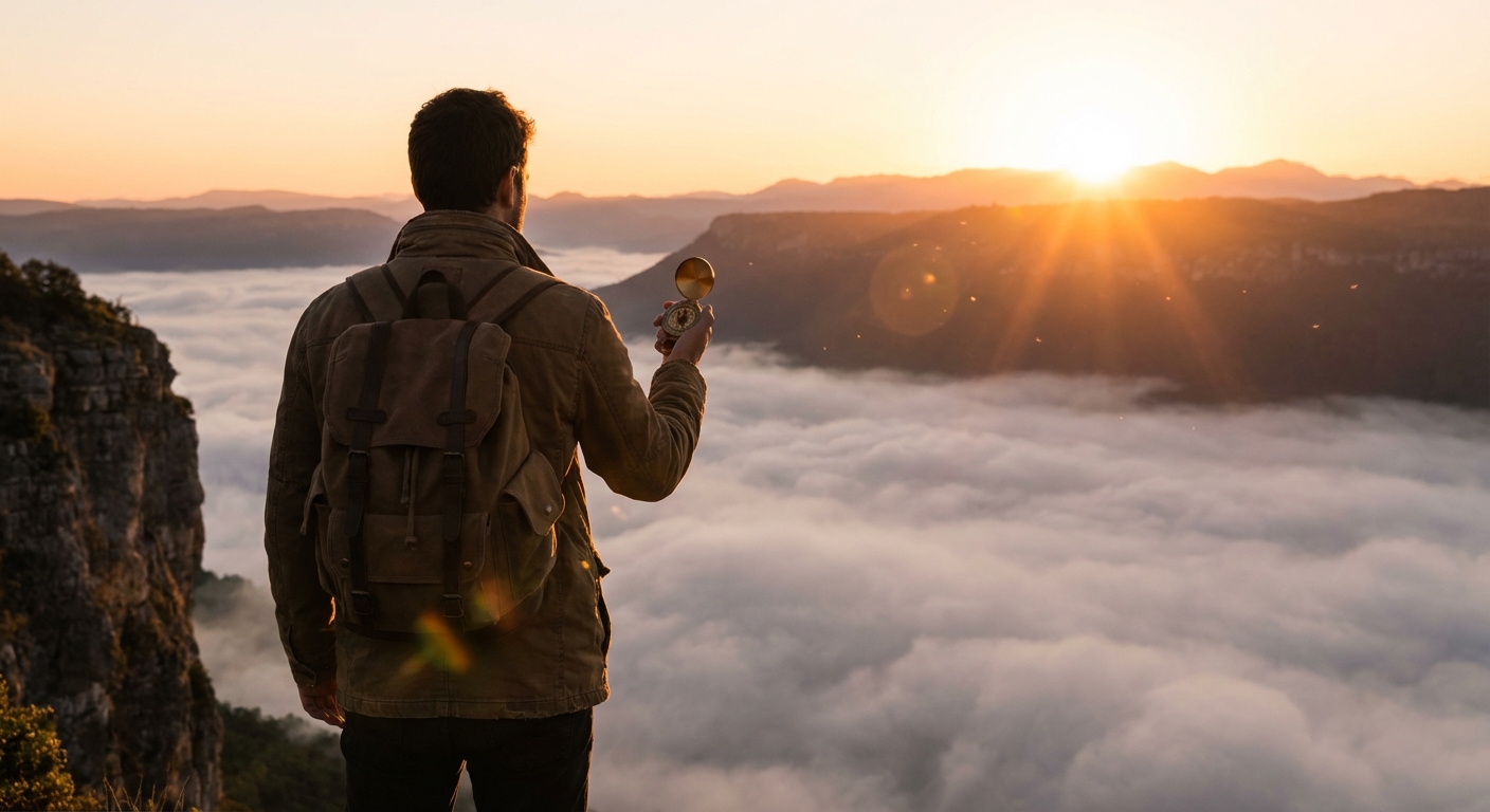 A person standing on a cliff looking at a sunrise horizon, holding a compass, representing personal vision and long-term planning, inspirational mood, warm colors