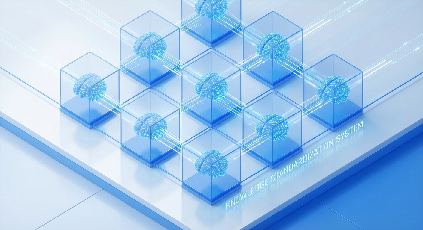 Abstract concept art showing human brains being connected into a standardized grid network by AI algorithms, symbolizing standardization of intellectual labor, blue and white tone