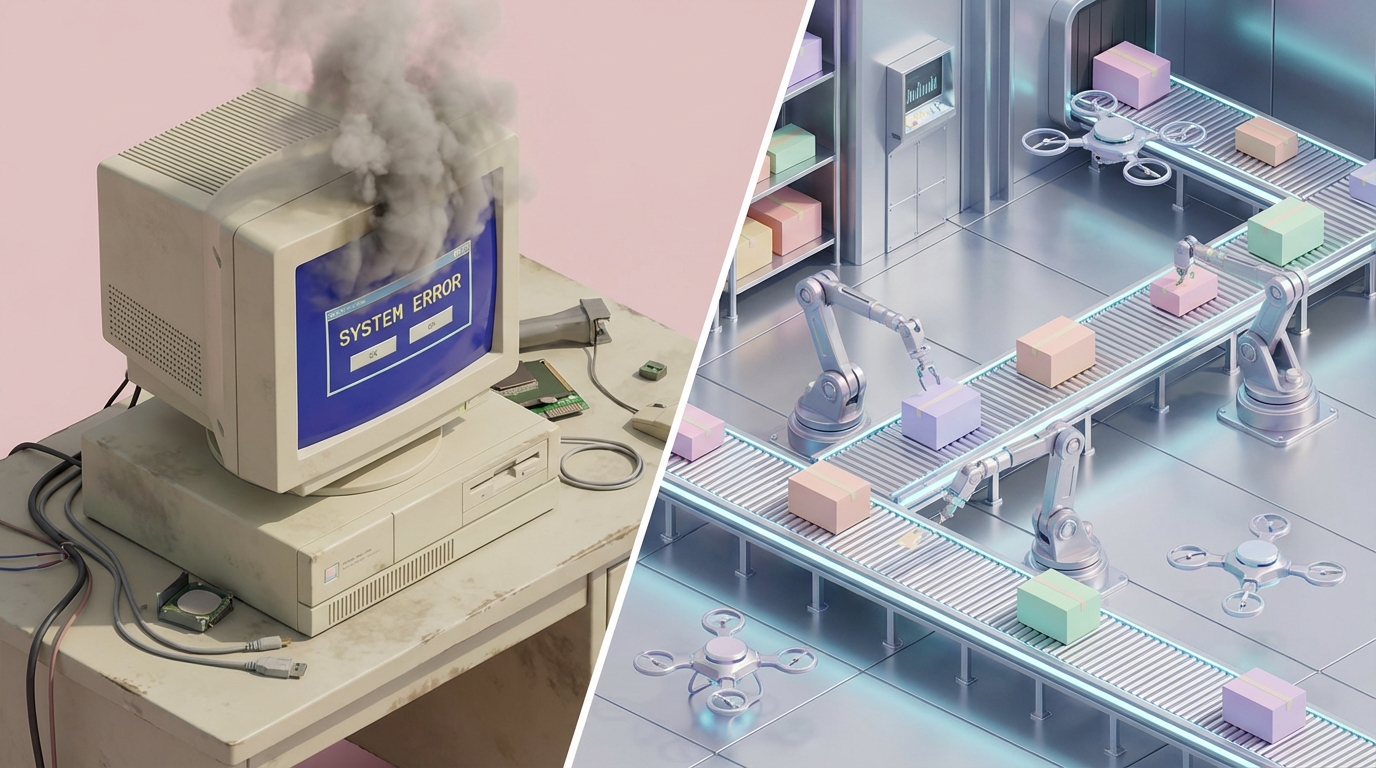 A vintage style computer monitor showing a 90s website crashing, contrasted with a modern sleek logistics center, isometric 3d render