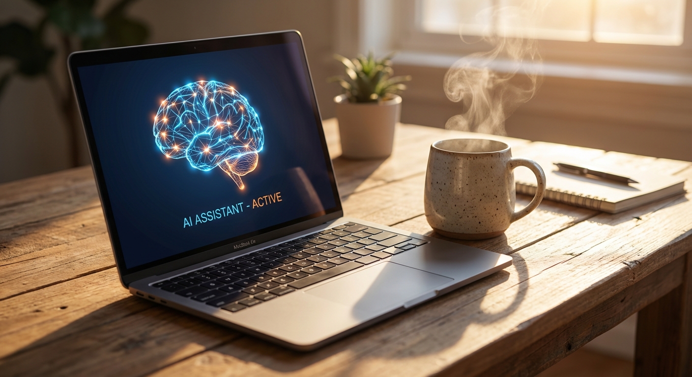 A warm and cozy home office desk with a laptop displaying a futuristic yet friendly AI assistant interface, coffee mug, morning sunlight, photorealistic