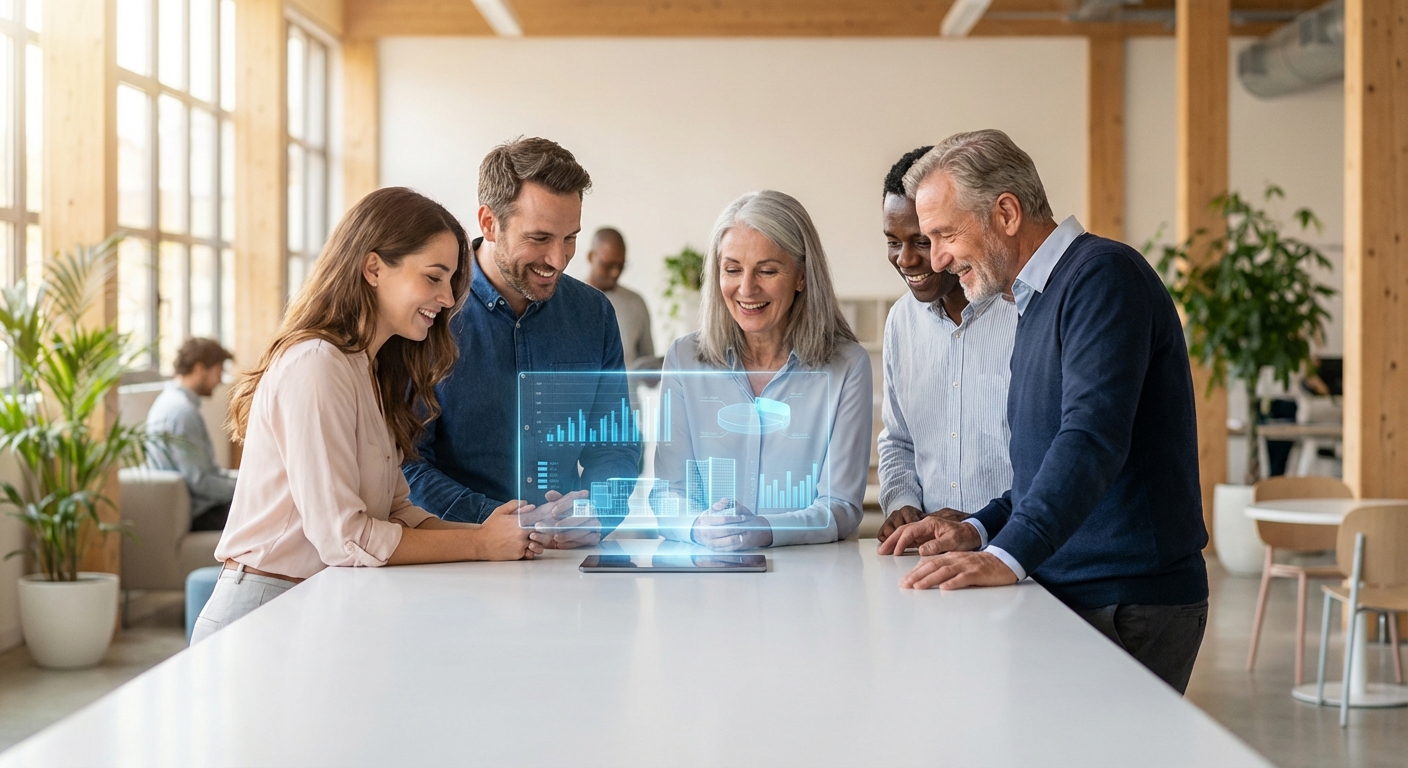 Close-up of a diverse group of people of all ages sitting in a bright modern classroom, looking at holographic screens with curiosity and excitement, symbolizing lifelong learning in AI era