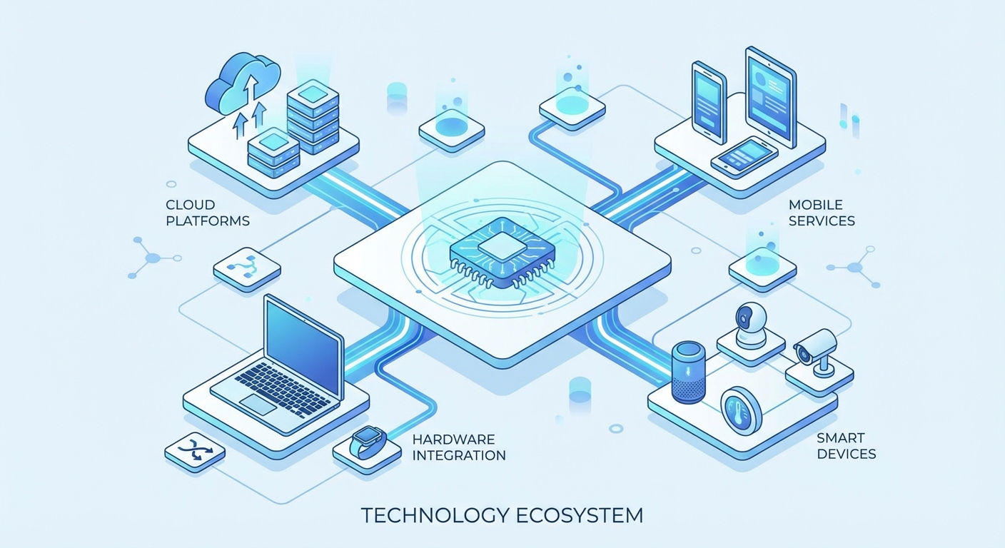 Comparison illustration between a powerful server chip and a global digital ecosystem with connected devices