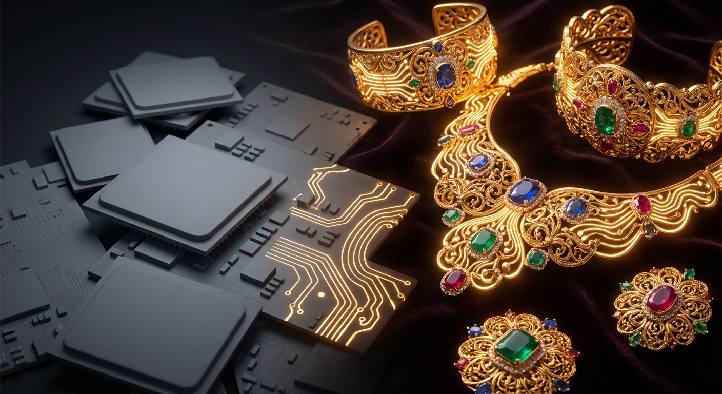 A transformation concept art showing generic microchips evolving into luxury, glowing, custom-designed tech jewelry or high-end fashion items representing custom HBM