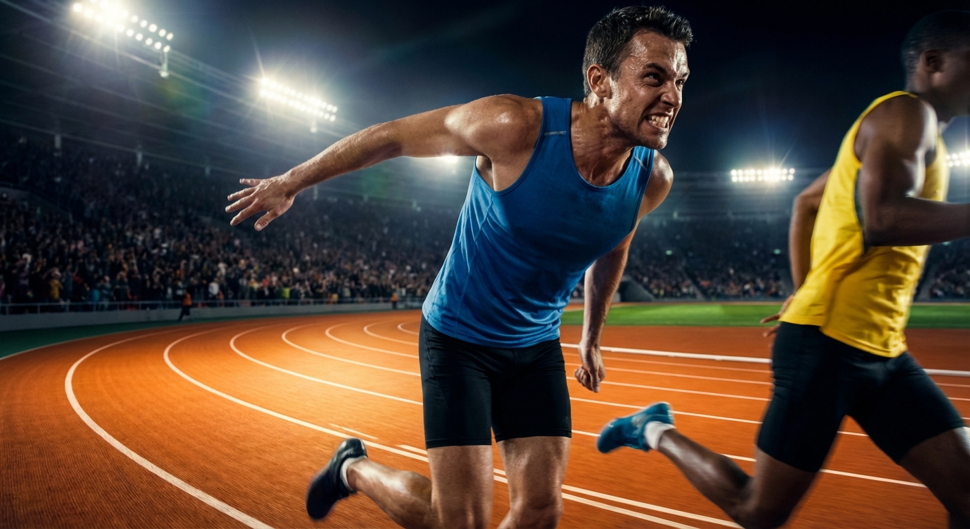 A runner in second place sprinting with determination to overtake the first place runner on a track, symbolic representation of business competition, cinematic lighting