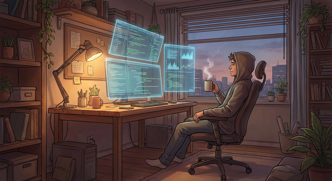 A programmer relaxing with coffee while multiple AI screens generate code automatically, conceptual art, warm lighting