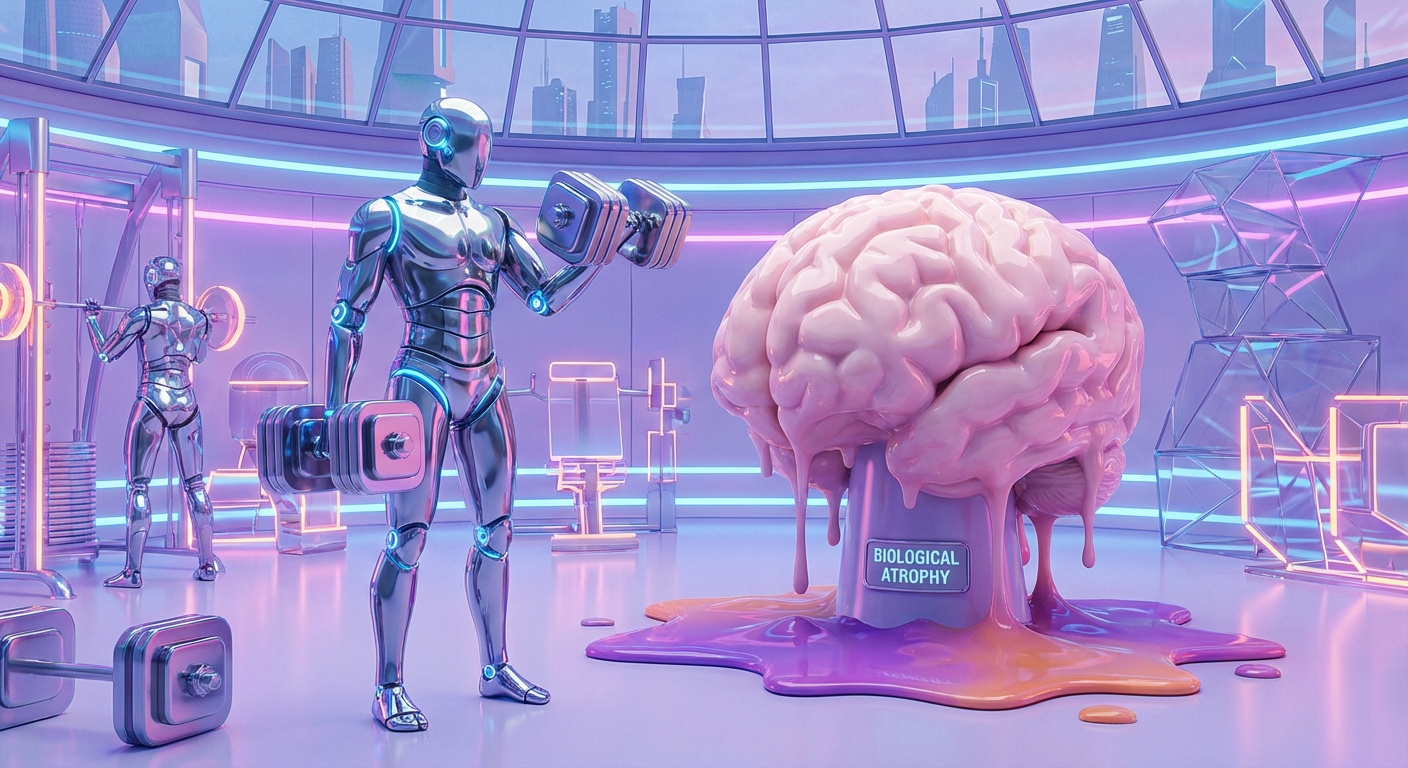 Conceptual art of a human brain becoming soft like tofu while a robot lifts heavy weights in a gym background, 3d render style