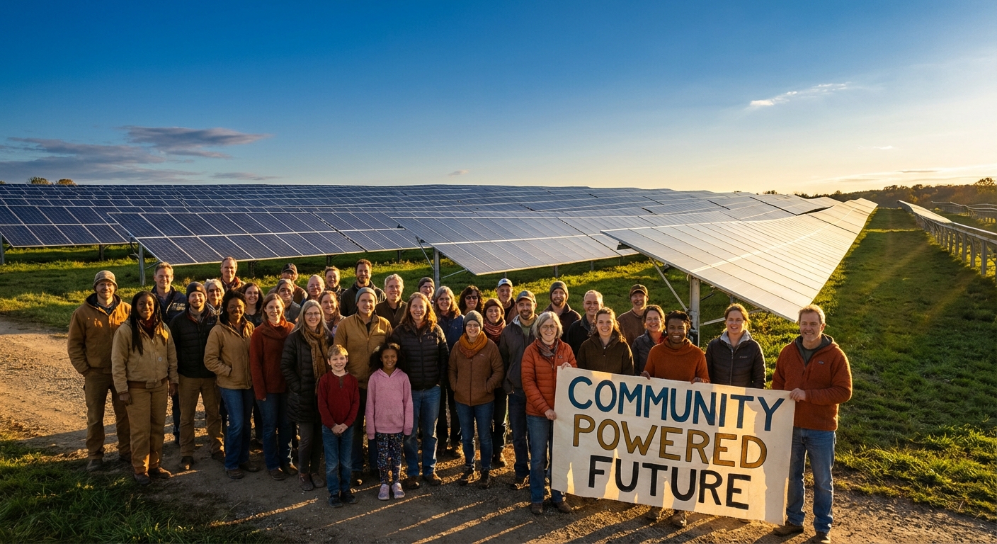 Solar panels in a rural landscape with people smiling and holding dividend checks, representing shared benefits of technology, bright and hopeful atmosphere