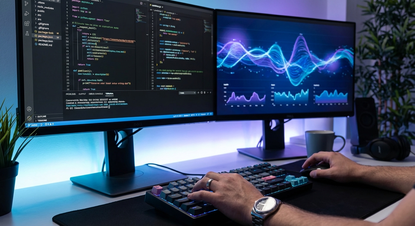 A developer working with multiple monitors, code on screens, analyzing AI generated suggestions, focus on verification