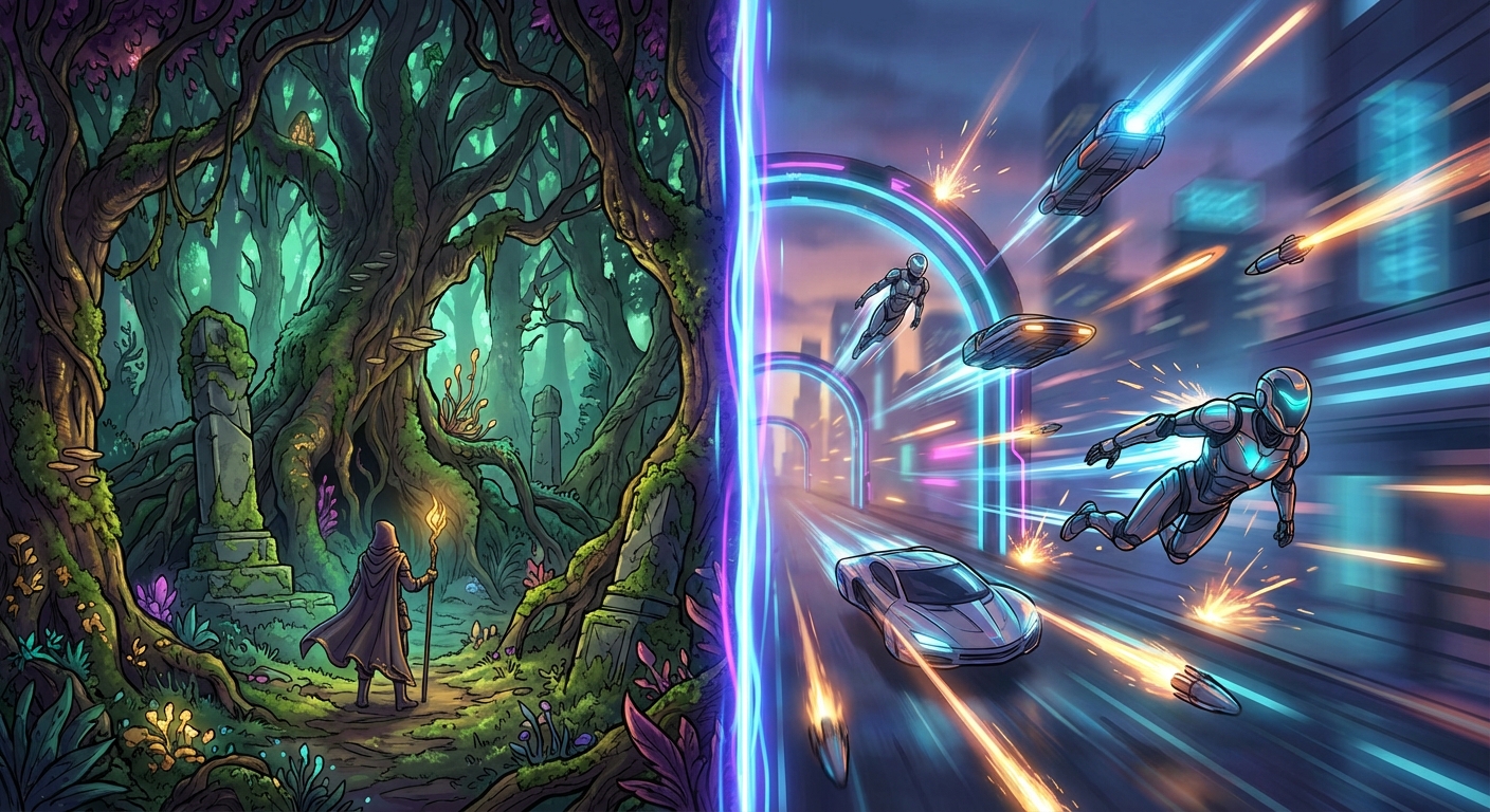 Split screen comparison showing vivid 4K RPG gameplay on the left and ultra-smooth high refresh rate FPS gameplay on the right