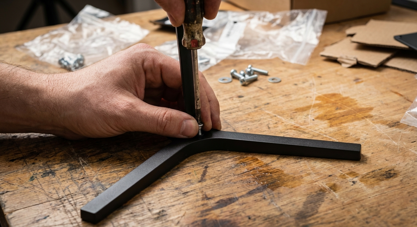 Close up of monitor stand assembly parts requiring a screwdriver, minimal packaging contents on a wooden table
