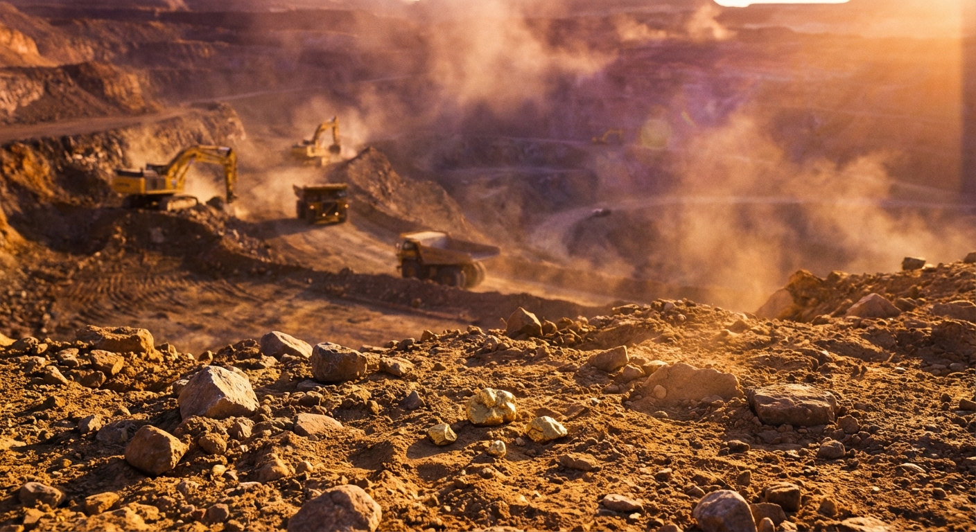 A huge gold mine pit with heavy machinery excavators working, contrast between shiny gold bars and rough rocky terrain, cinematic lighting