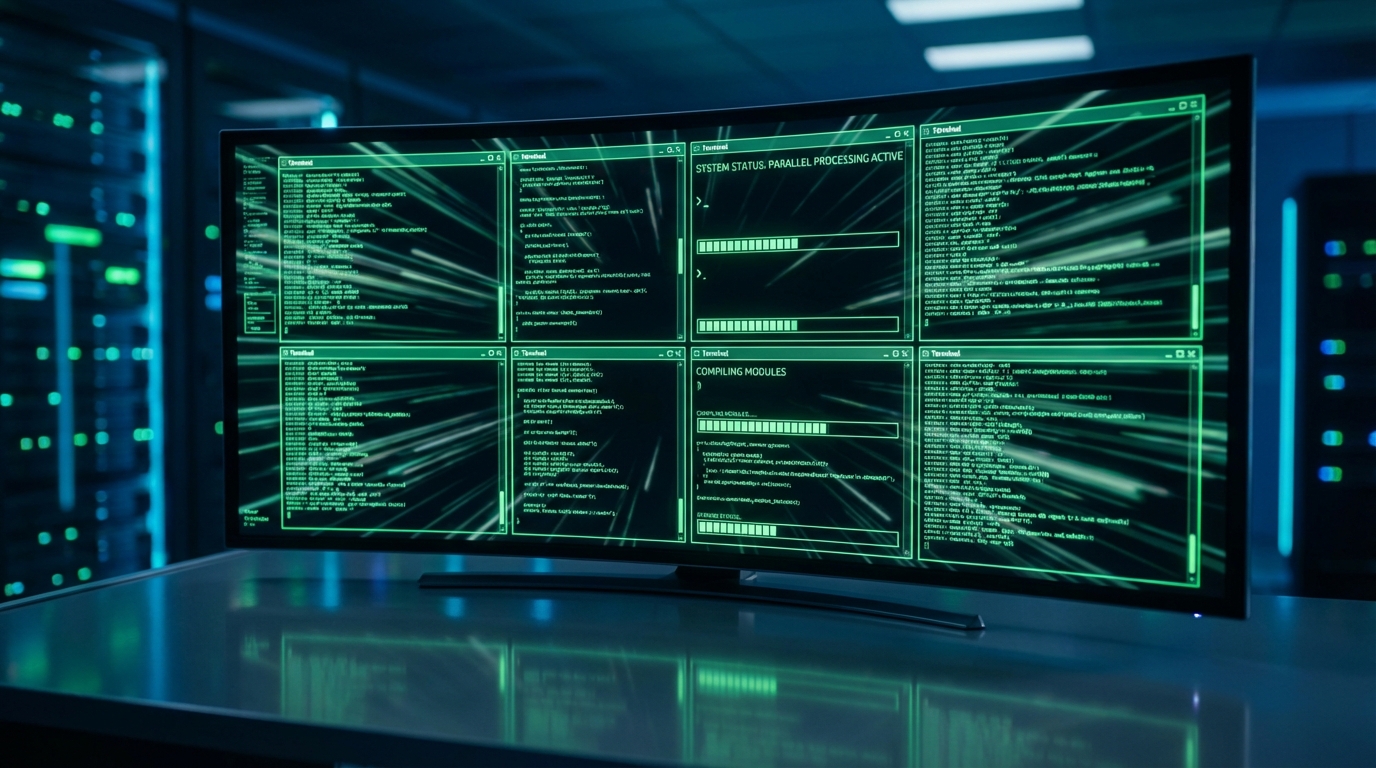 Dashboard view showing multiple terminal windows executing code simultaneously, representing parallel processing speed.