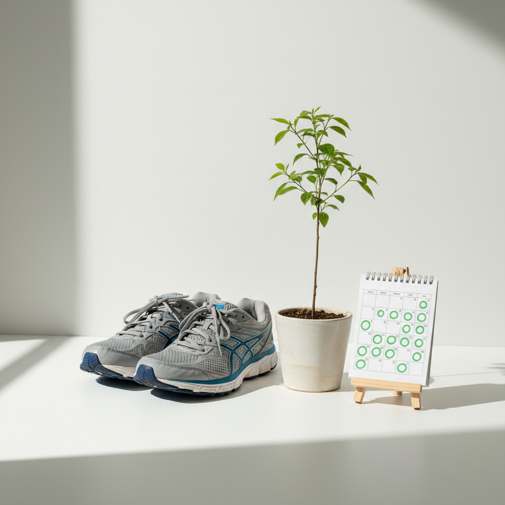 A conceptual image showing a calendar with running shoes and a growing green plant, symbolizing long-term consistency and growth